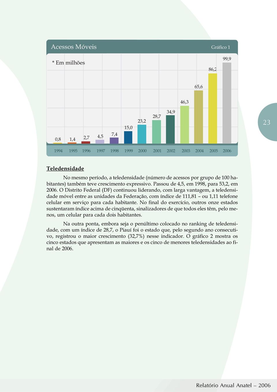 O Distrito Federal (DF) continuou liderando, com larga vantagem, a teledensidade móvel entre as unidades da Federação, com índice de 111,81 ou 1,11 telefone celular em serviço para cada habitante.