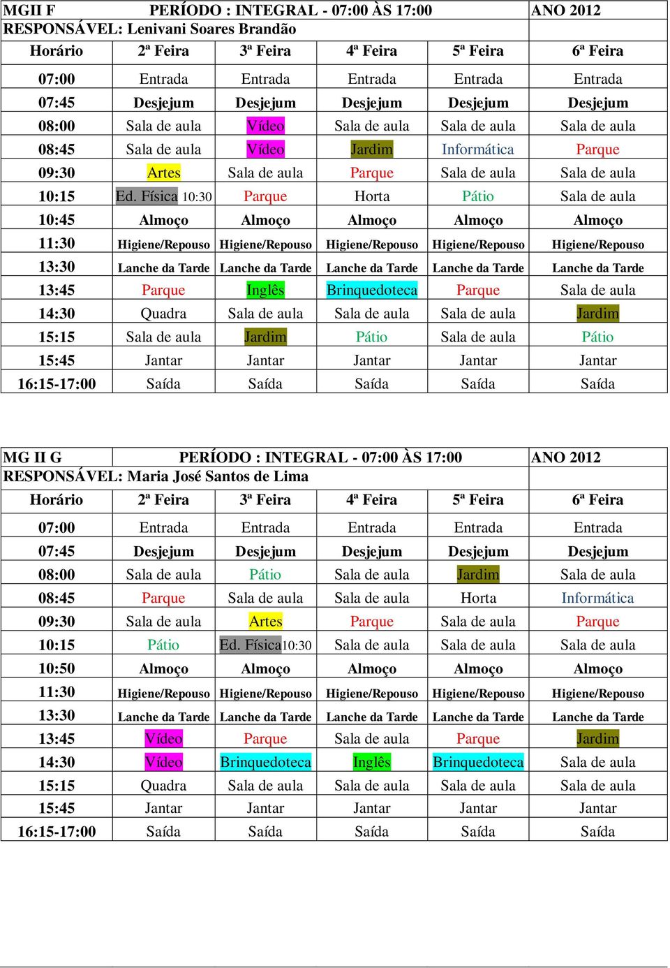 Física 10:30 Parque Horta Pátio Sala de aula 10:45 Almoço Almoço Almoço Almoço Almoço 13:45 Parque Inglês Brinquedoteca Parque Sala de aula 14:30 Quadra Sala de aula Sala de aula Sala de aula Jardim