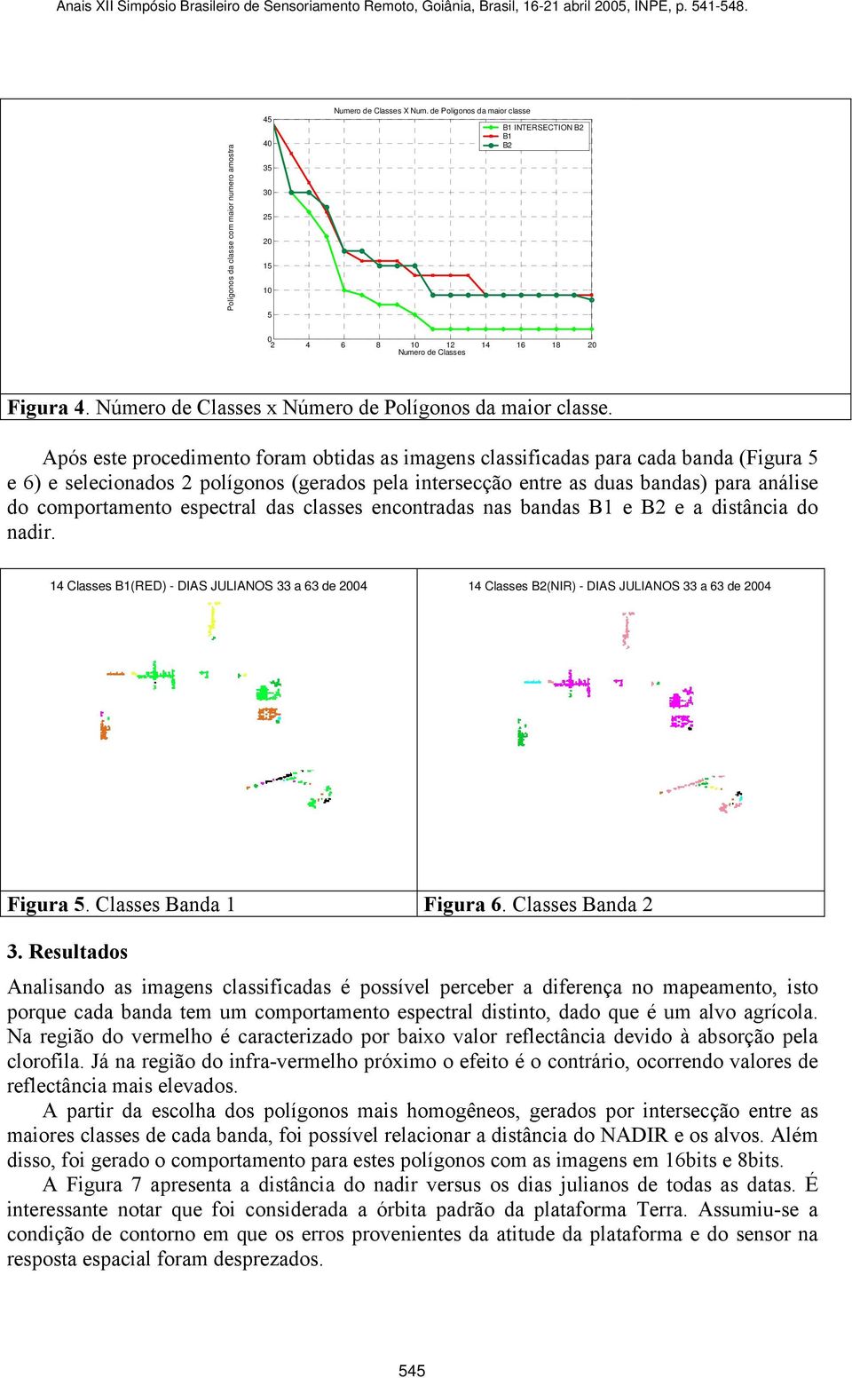 Após este procedimento foram obtidas as imagens classificadas para cada banda (Figura 5 e 6) e selecionados 2 polígonos (gerados pela intersecção entre as duas bandas) para análise do comportamento