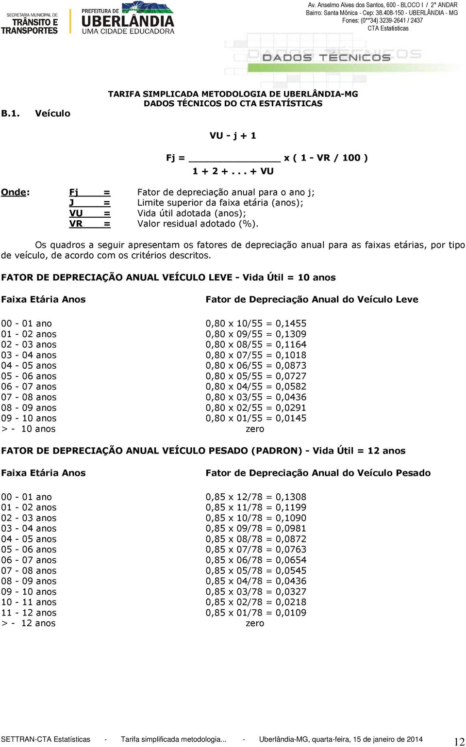 Os quadros a seguir apresentam os fatores de depreciação anual para as faixas etárias, por tipo de veículo, de acordo com os critérios descritos.