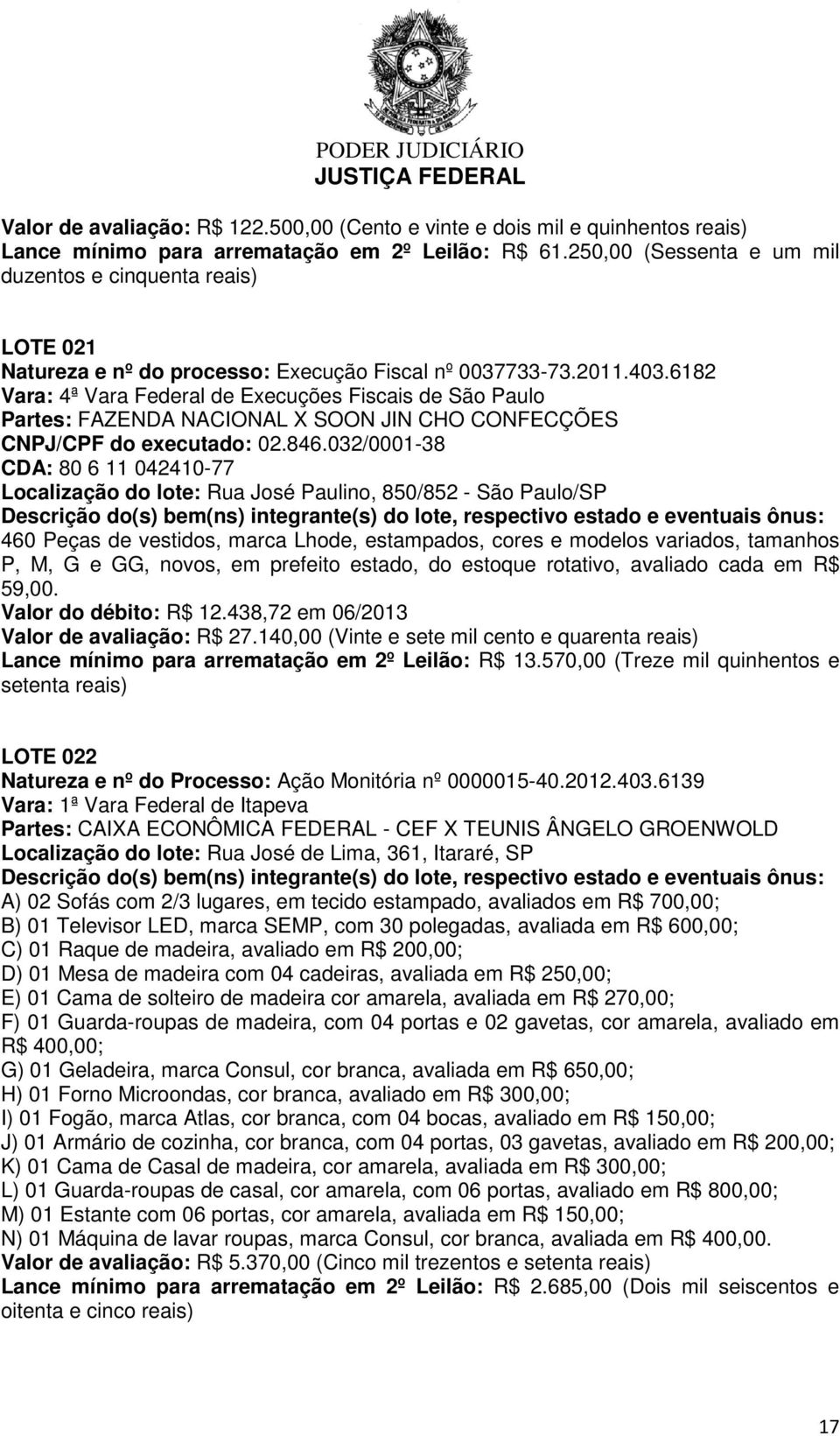 6182 Vara: 4ª Vara Federal de Execuções Fiscais de São Paulo Partes: FAZENDA NACIONAL X SOON JIN CHO CONFECÇÕES CNPJ/CPF do executado: 02.846.