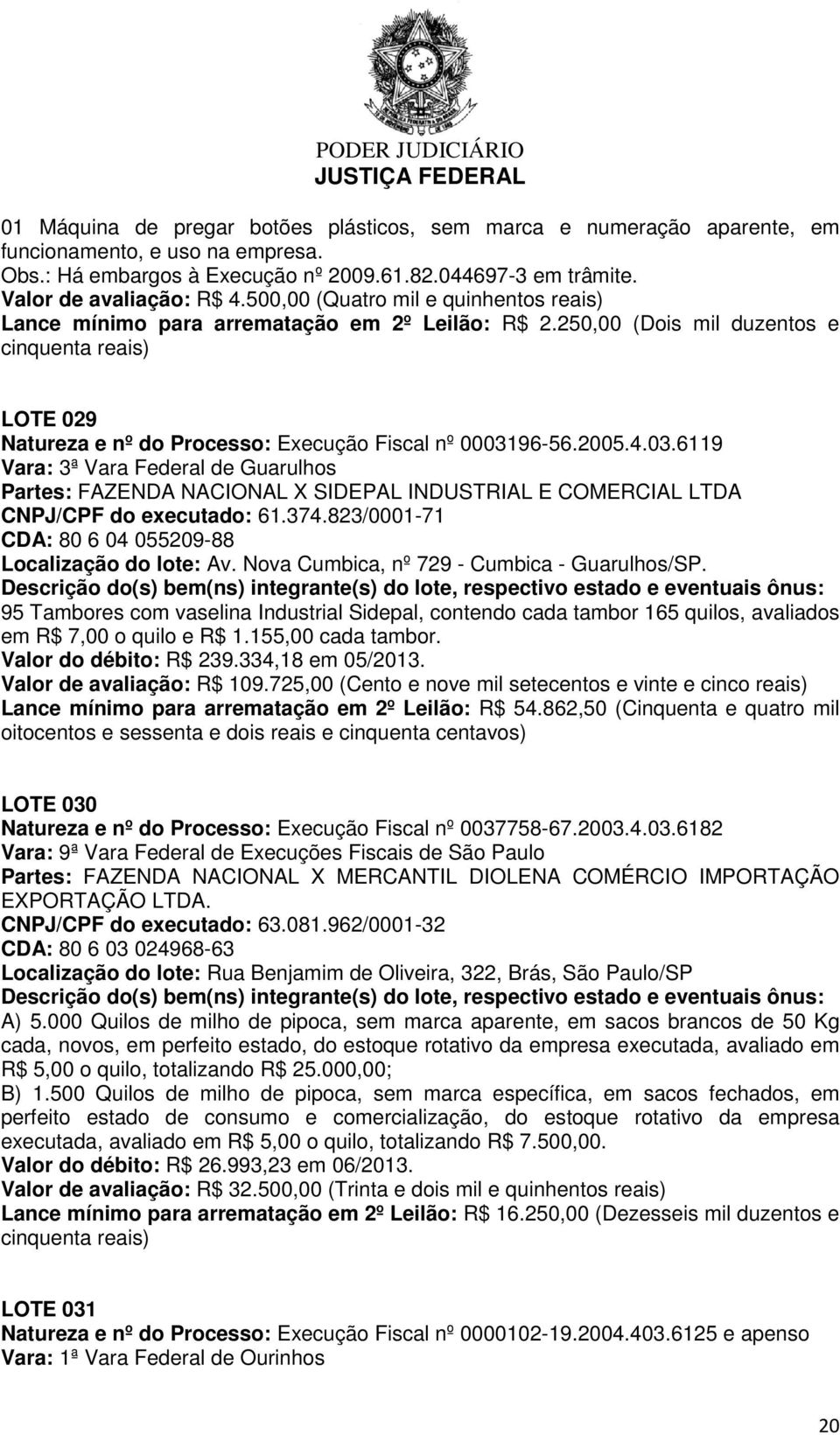 2005.4.03.6119 Vara: 3ª Vara Federal de Guarulhos Partes: FAZENDA NACIONAL X SIDEPAL INDUSTRIAL E COMERCIAL LTDA CNPJ/CPF do executado: 61.374.