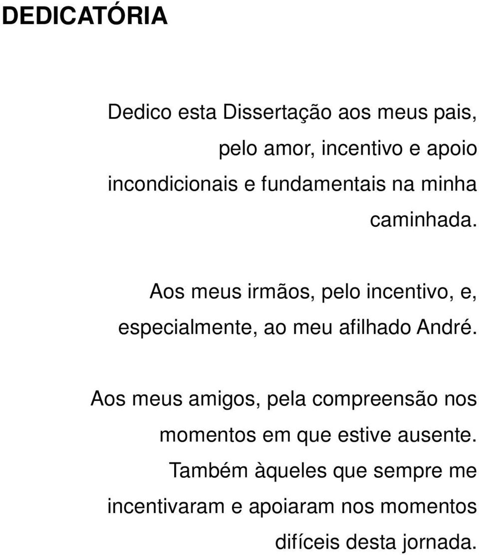 Aos meus irmãos, pelo incentivo, e, especialmente, ao meu afilhado André.