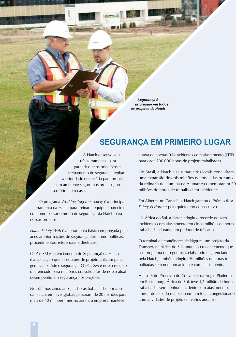 O programa Working Together Safely é a principal ferramenta da Hatch para treinar a equipe e parceiros em como passar o modo de segurança da Hatch para nossos projetos.