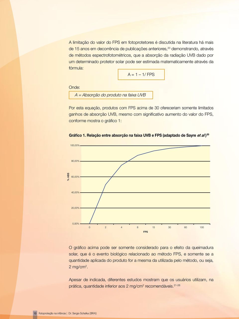 produtos com FPS acima de 30 ofereceriam somente limitados ganhos de absorção UVB, mesmo com significativo aumento do valor do FPS, conforme mostra o gráfico 1: Gráfico 1.