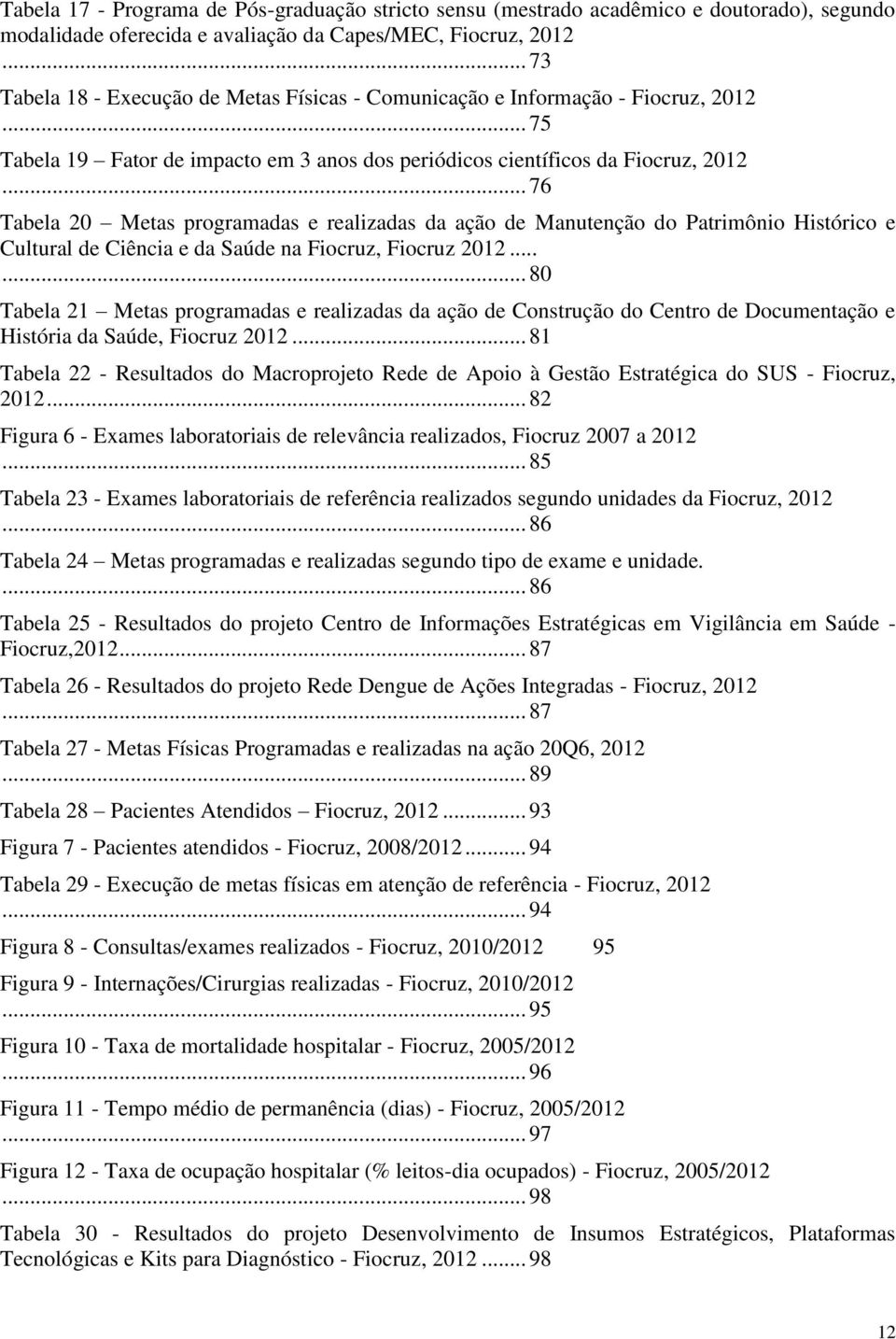 .. 76 Tabela 20 Metas programadas e realizadas da ação de Manutenção do Patrimônio Histórico e Cultural de Ciência e da Saúde na Fiocruz, Fiocruz 2012.