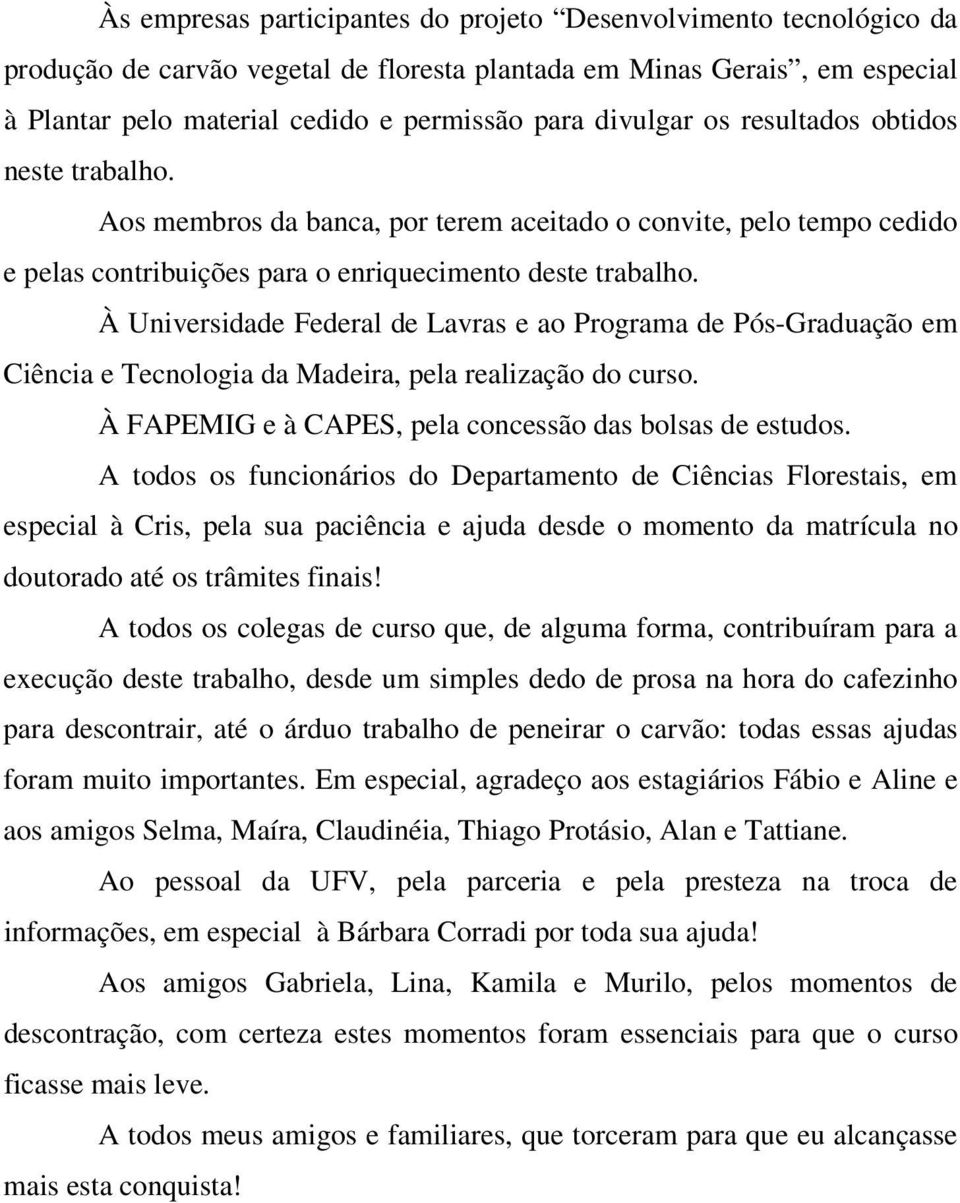 À Universidade Federal de Lavras e ao Programa de Pós-Graduação em Ciência e Tecnologia da Madeira, pela realização do curso. À FAPEMIG e à CAPES, pela concessão das bolsas de estudos.