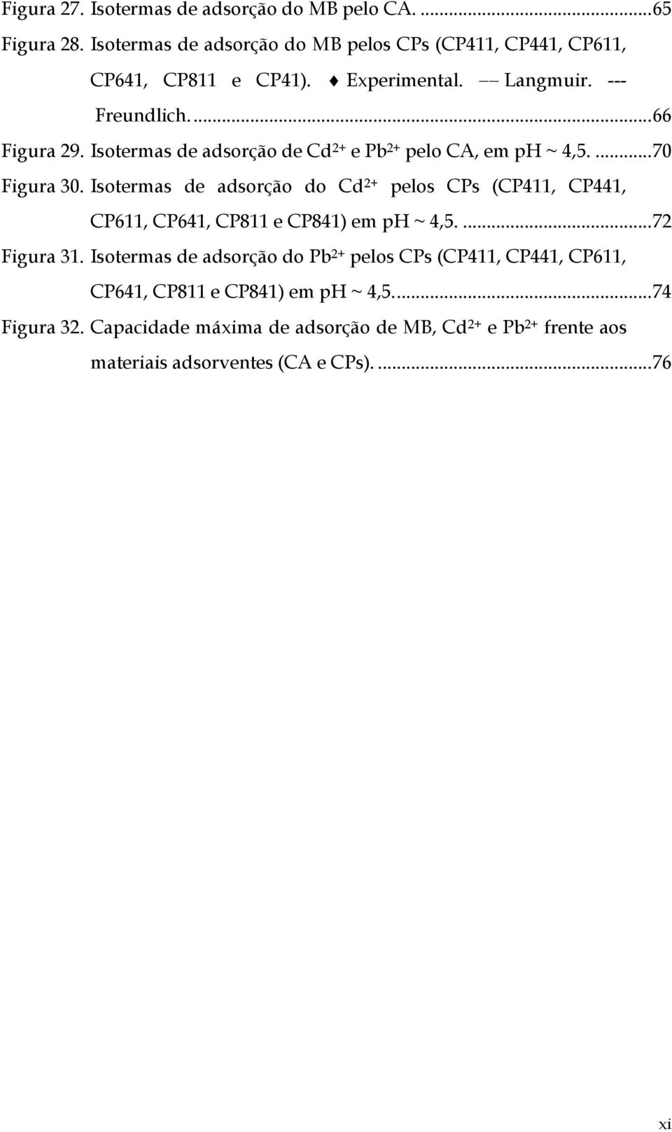 Isotermas de adsorção do Cd 2+ pelos CPs (CP411, CP441, CP611, CP641, CP811 e CP841) em ph ~ 4,5.... 72 Figura 31.