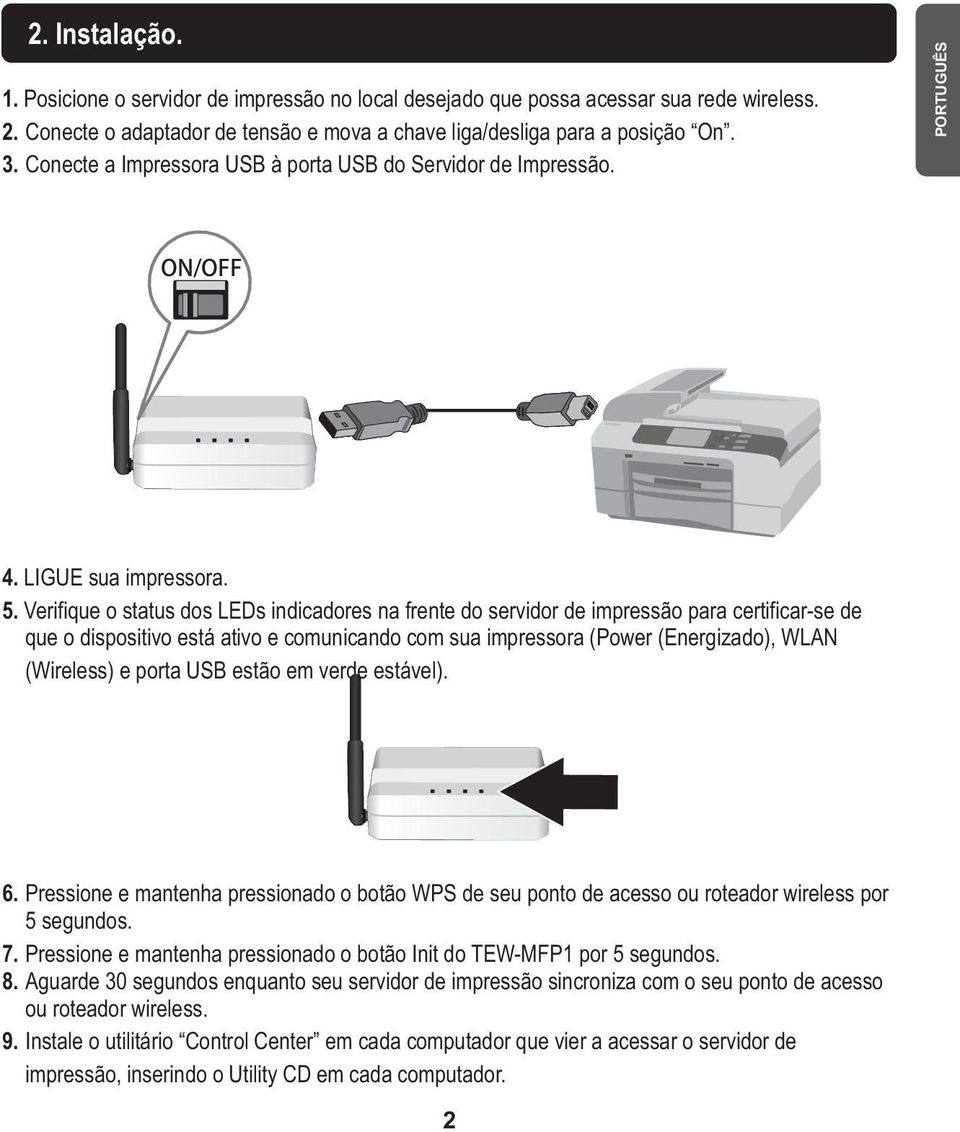 Verifique o status dos LEDs indicadores na frente do servidor de impressão para certificar-se de que o dispositivo está ativo e comunicando com sua impressora (Power (Energizado), WLAN (Wireless) e