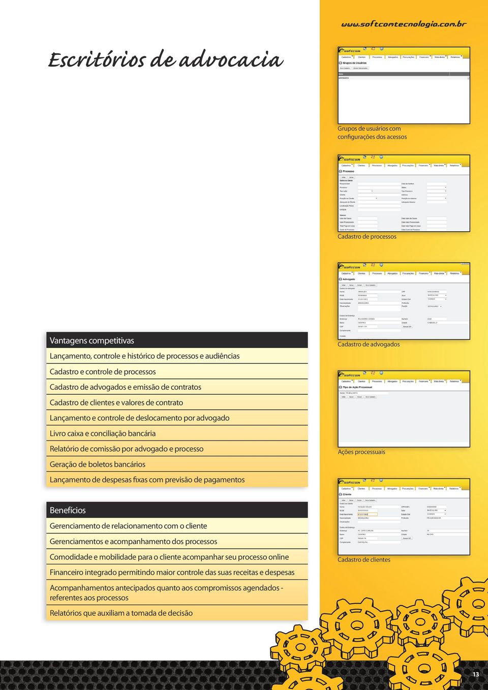 br Escritórios de advocacia Grupos de usuários com configurações dos acessos Cadastro de processos Vantagens competitivas Cadastro de advogados Lançamento, controle e histórico de processos e