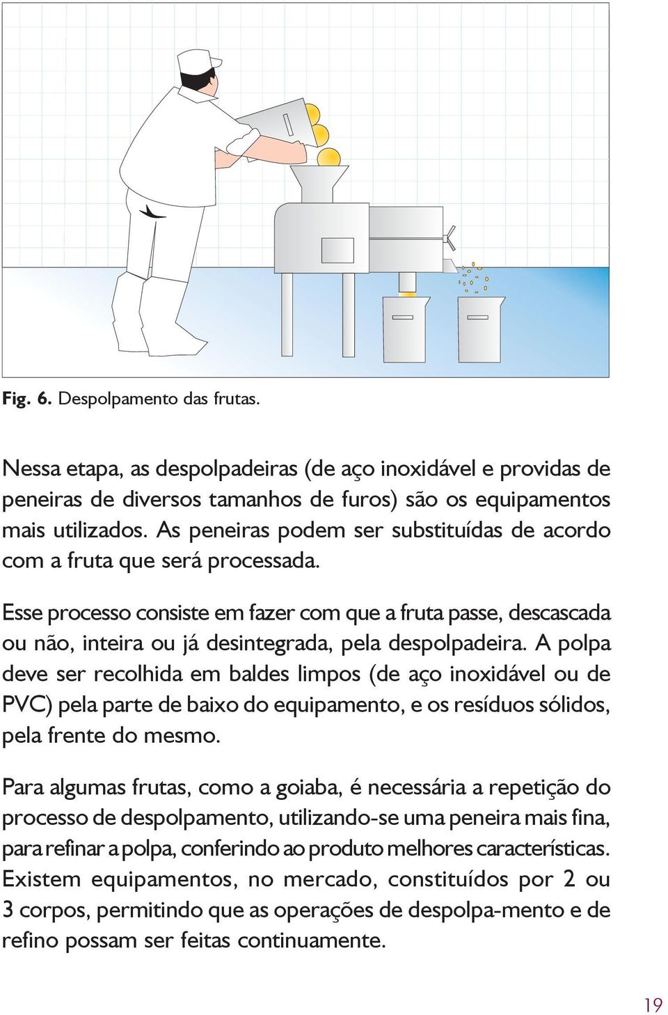 A polpa deve ser recolhida em baldes limpos (de aço inoxidável ou de PVC) pela parte de baixo do equipamento, e os resíduos sólidos, pela frente do mesmo.