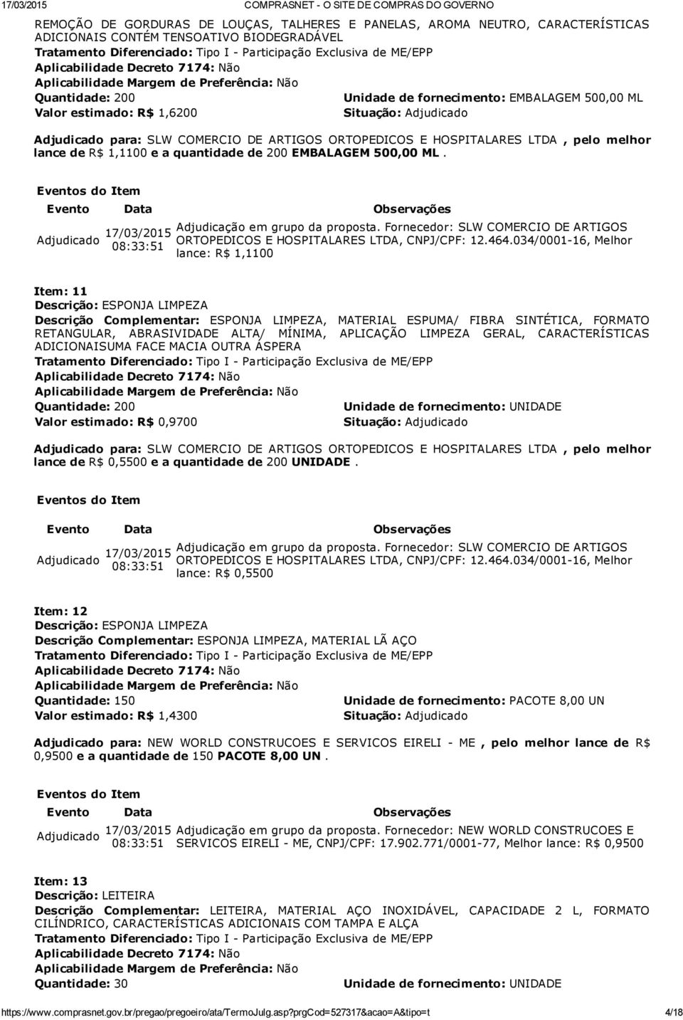 Adjudicação em grupo da proposta. Fornecedor: SLW COMERCIO DE ARTIGOS ORTOPEDICOS E HOSPITALARES LTDA, CNPJ/CPF: 12.464.