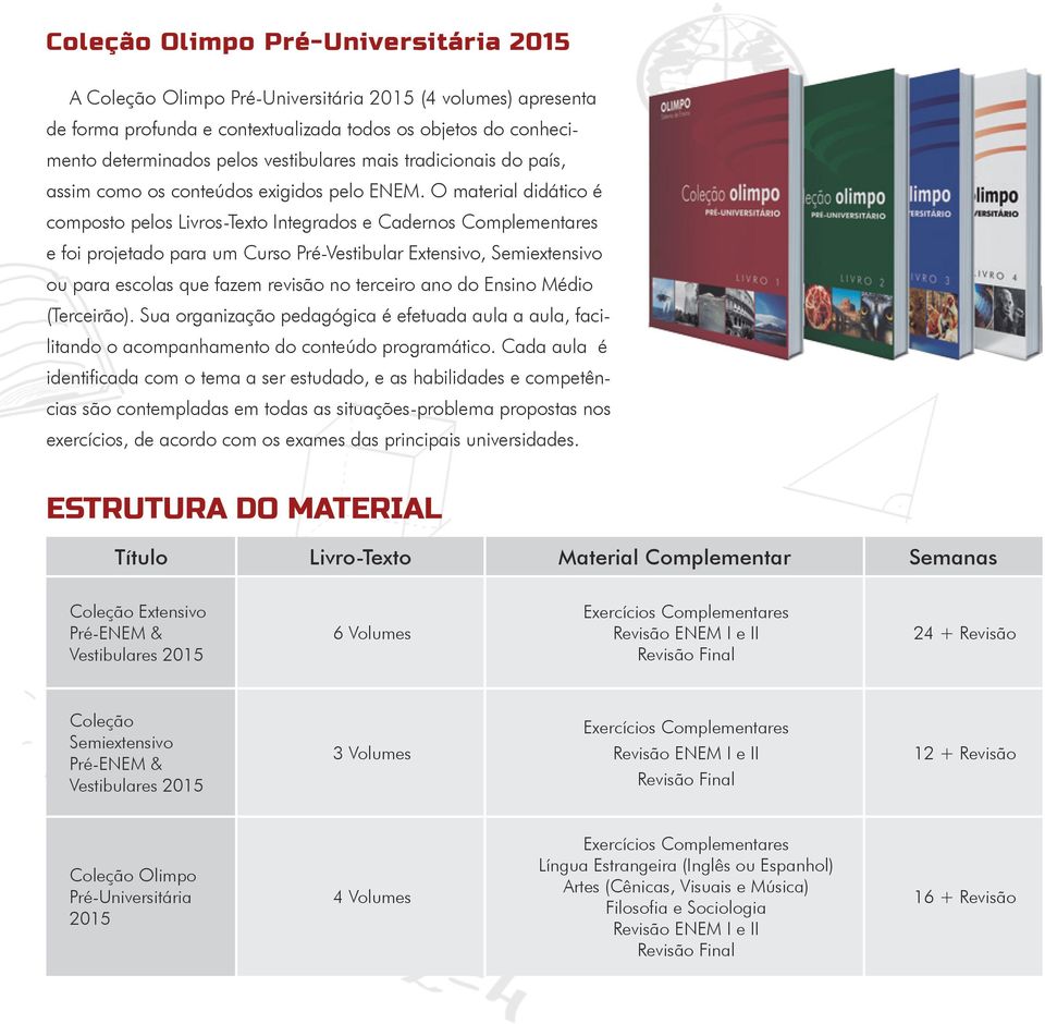 O material didático é composto pelos Livros-Texto Integrados e Cadernos Complementares e foi projetado para um Curso Pré-Vestibular Extensivo, Semiextensivo ou para escolas que fazem revisão no