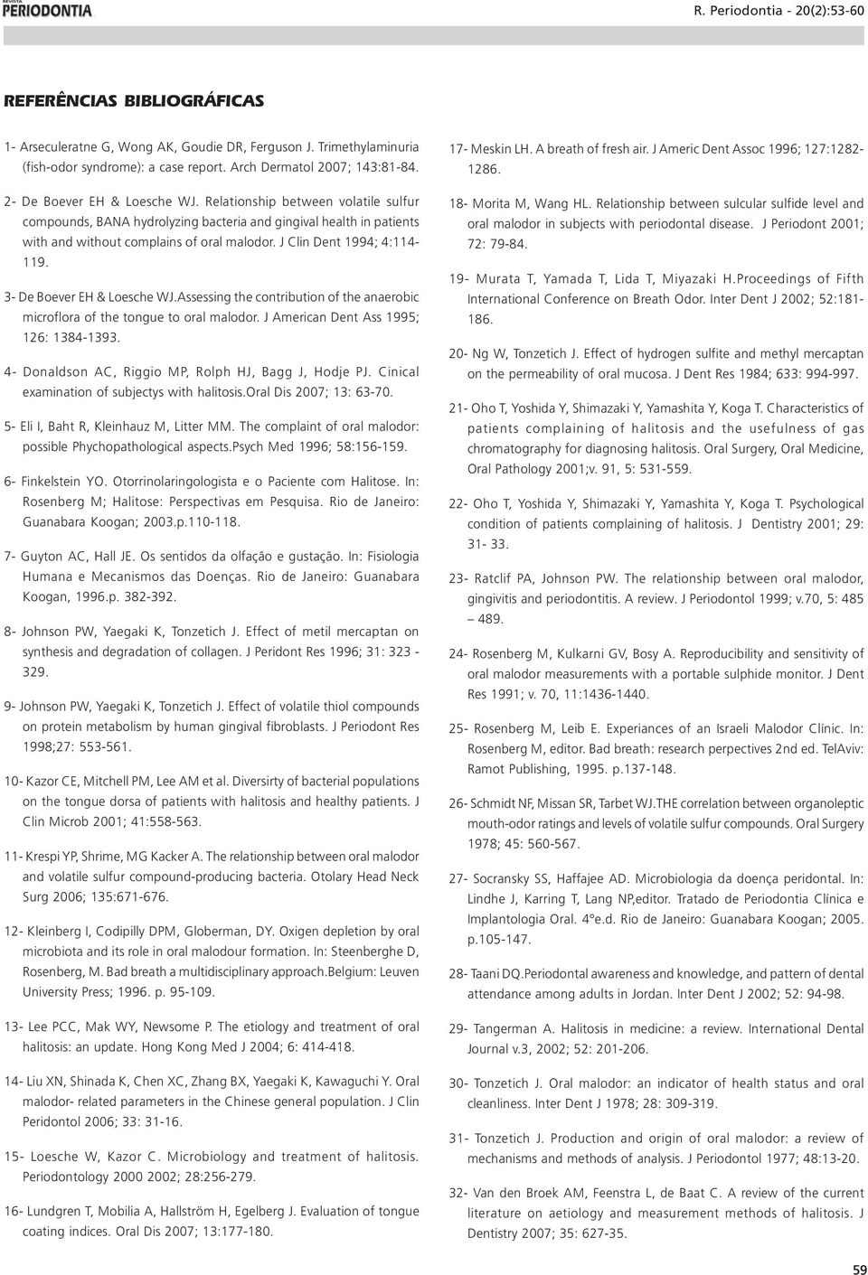 3- De Boever EH & Loesche WJ.Assessing the contribution of the anaerobic microflora of the tongue to oral malodor. J American Dent Ass 1995; 126: 1384-1393.