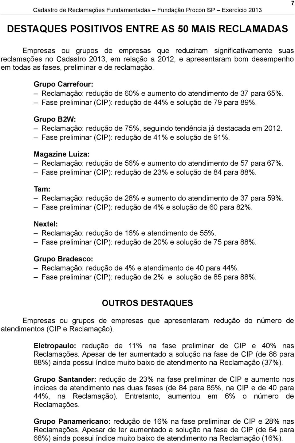 Grupo B2W: Reclamação: redução de 75%, seguindo tendência já destacada em 2012. Fase preliminar (CIP): redução de 41% e solução de 91%.