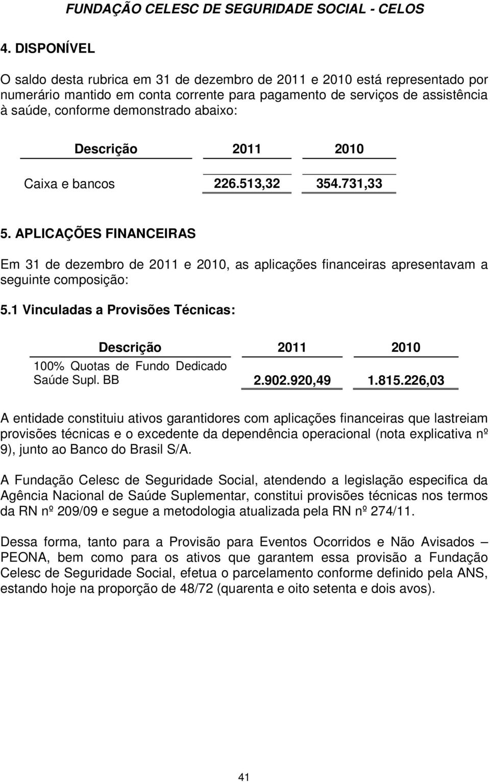 1 Vinculadas a Provisões Técnicas: 100% Quotas de Fundo Dedicado Saúde Supl. BB 2.902.920,49 1.815.