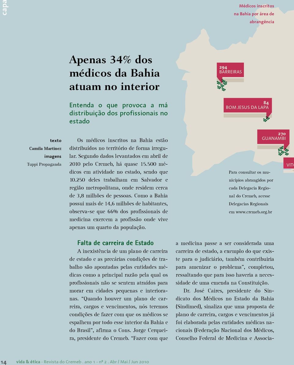 500 médicos em atividade no estado, sendo que 10.250 deles trabalham em Salvador e região metropolitana, onde residem cerca de 3,8 milhões de pessoas.