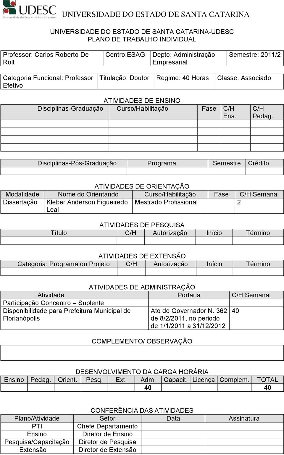 C/H Disciplinas-Pós-Graduação Programa Semestre Crédito Dissertação Kleber Anderson Figueiredo Leal Mestrado Profissional 2 Participação Concentro Suplente