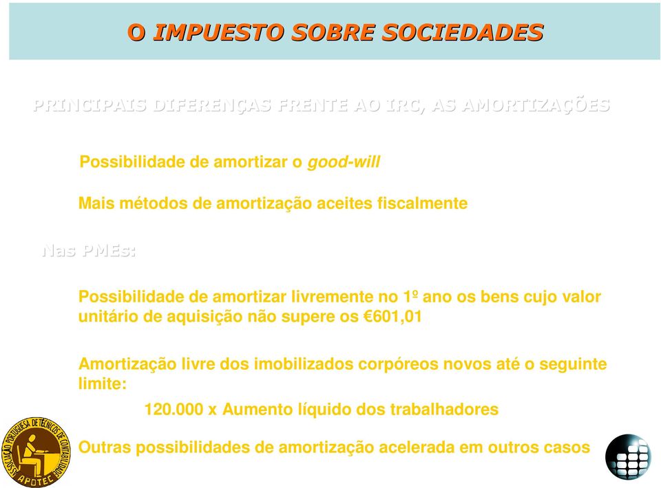 os bens cujo valor unitário de aquisição não supere os 601,01 Amortização livre dos imobilizados corpóreos novos até