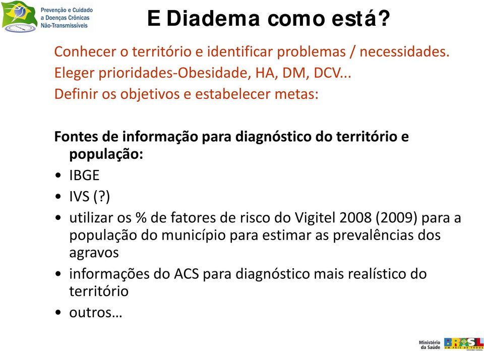 .. Definir os objetivos e estabelecer metas: Fontes de informação para diagnóstico do território e população: IBGE