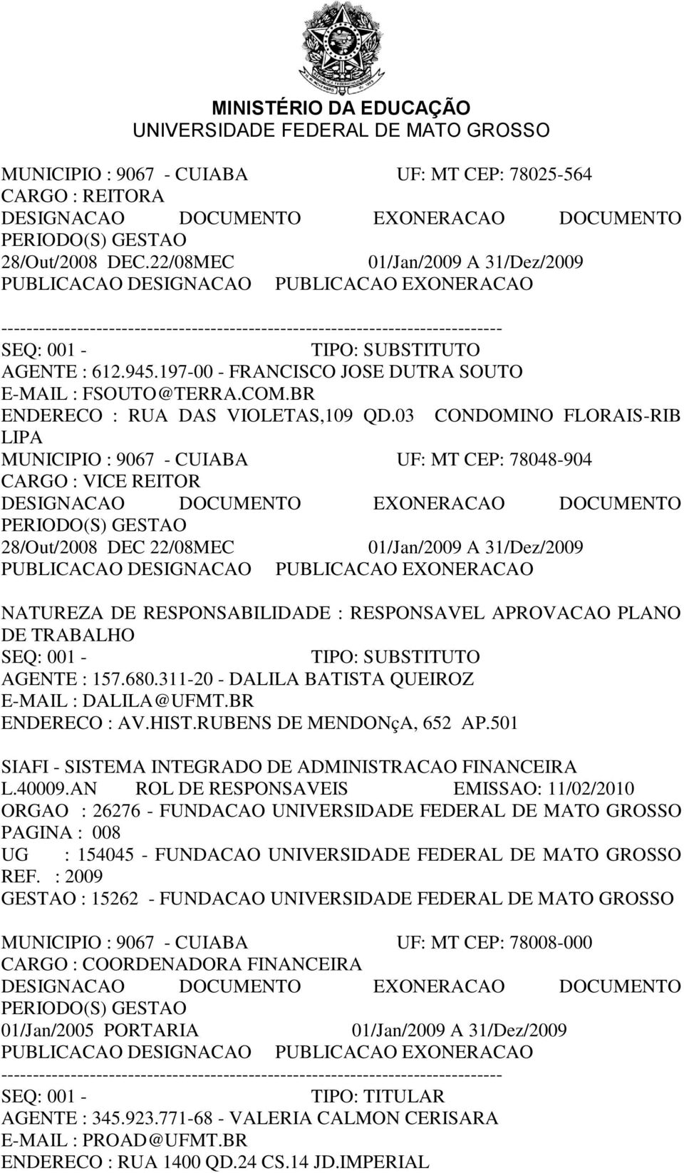 945.197-00 - FRANCISCO JOSE DUTRA SOUTO E-MAIL : FSOUTO@TERRA.COM.BR ENDERECO : RUA DAS VIOLETAS,109 QD.