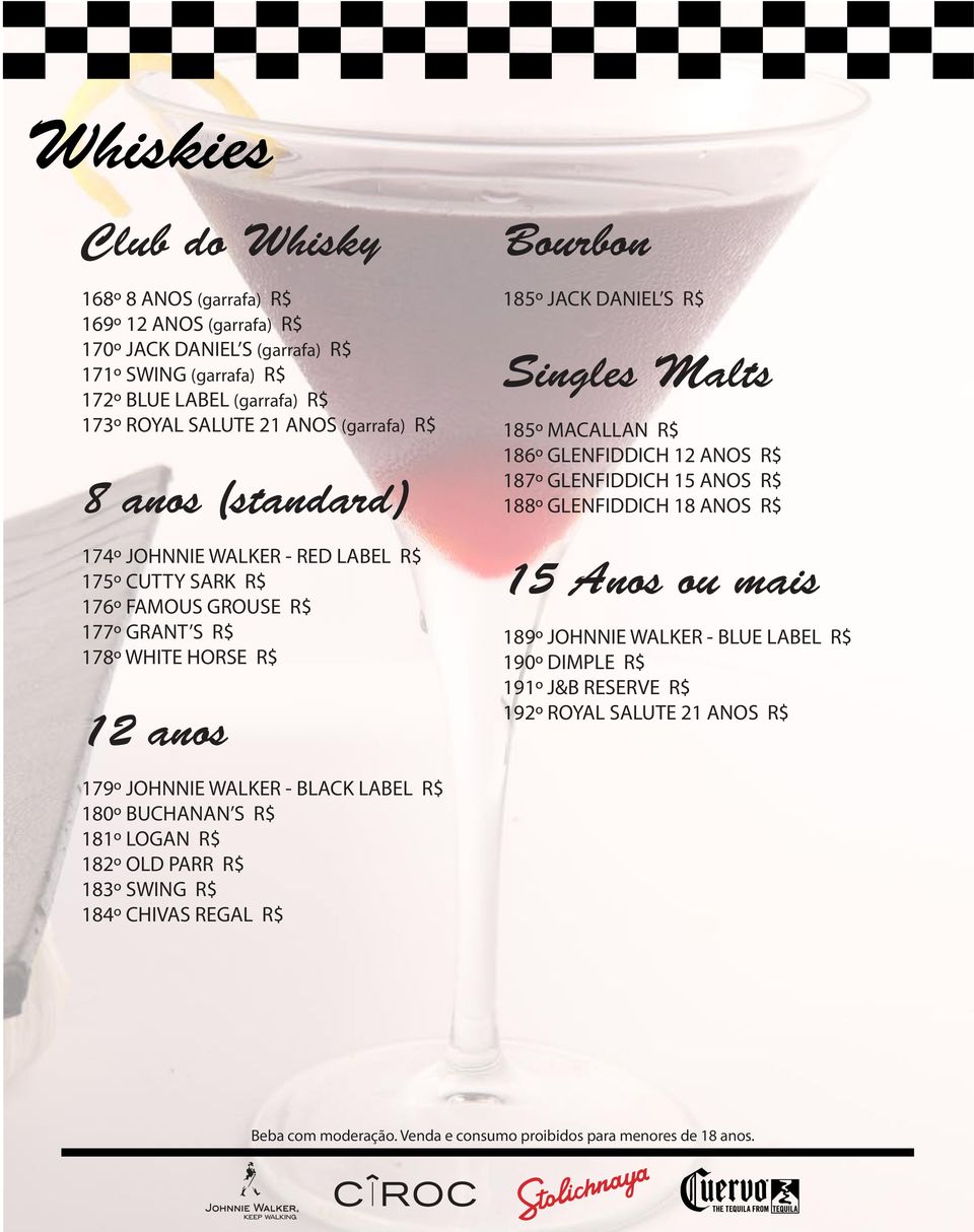 MACALLAN R$ 186º GLENFIDDICH 12 ANOS R$ 187º GLENFIDDICH 15 ANOS R$ 188º GLENFIDDICH 18 ANOS R$ 15 Anos ou mais 189º JOHNNIE WALKER - BLUE LABEL R$ 190º DIMPLE R$ 191º J&B RESERVE R$ 192º ROYAL