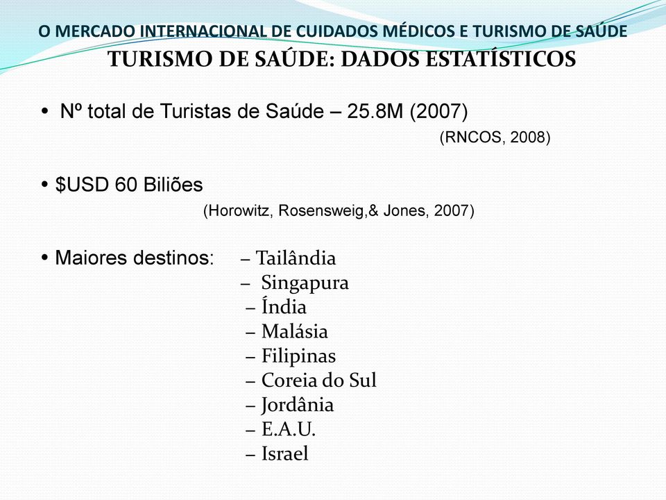 8M (2007) $USD 60 Biliões (Horowitz, Rosensweig,& Jones,