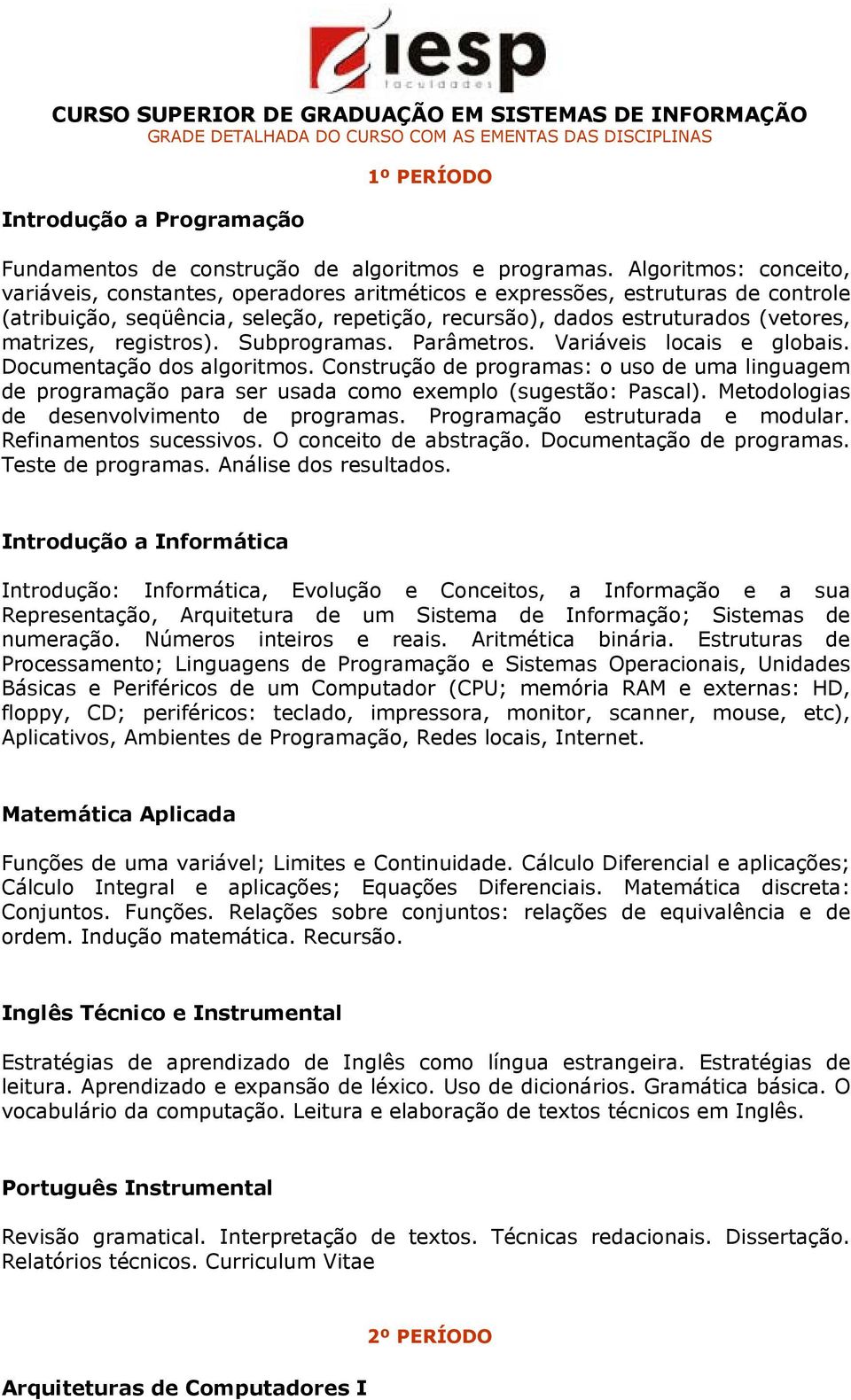 registros). Subprogramas. Parâmetros. Variáveis locais e globais. Documentação dos algoritmos.