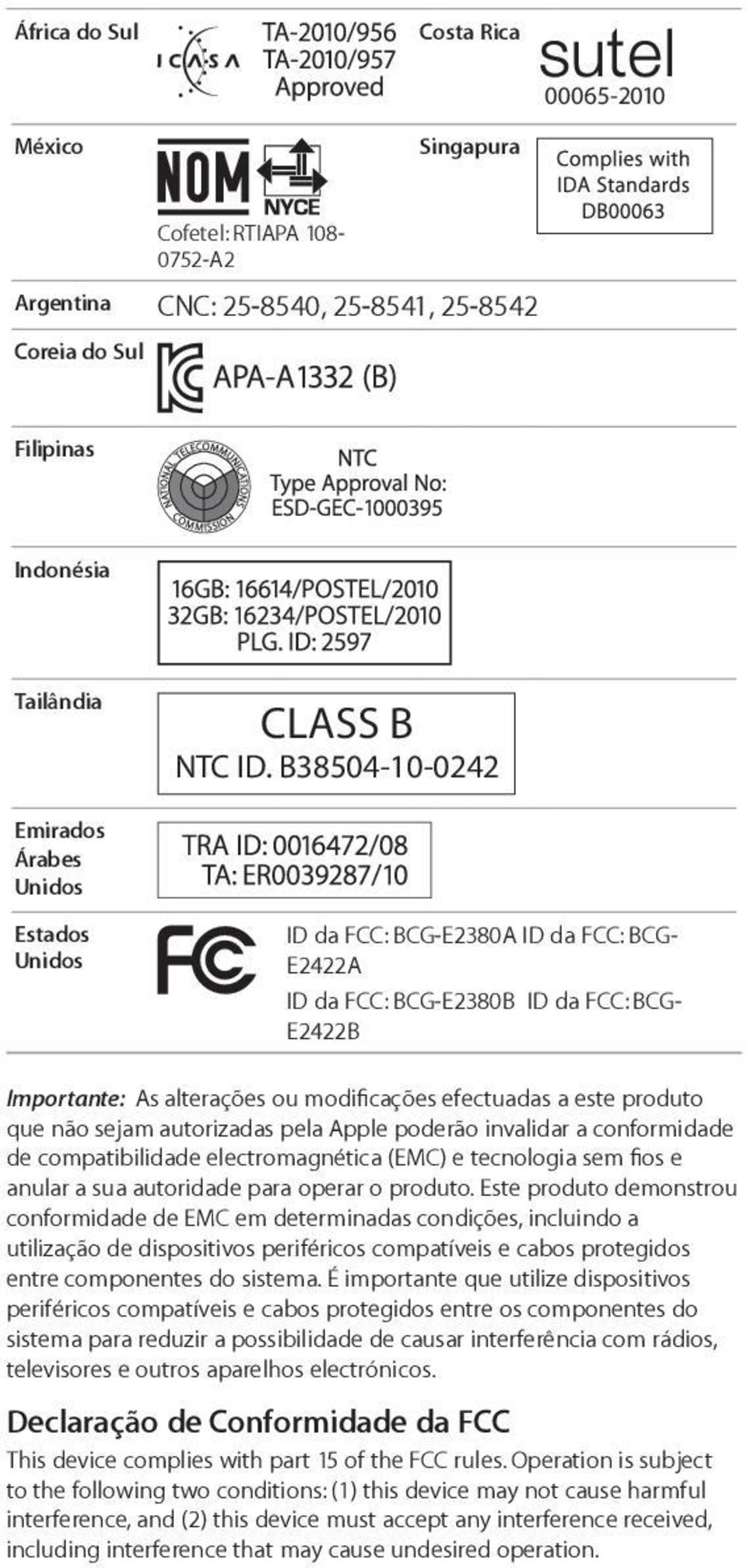 este produto que não sejam autorizadas pela Apple poderão invalidar a conformidade de compatibilidade electromagnética (EMC) e tecnologia sem fios e anular a sua autoridade para operar o produto.