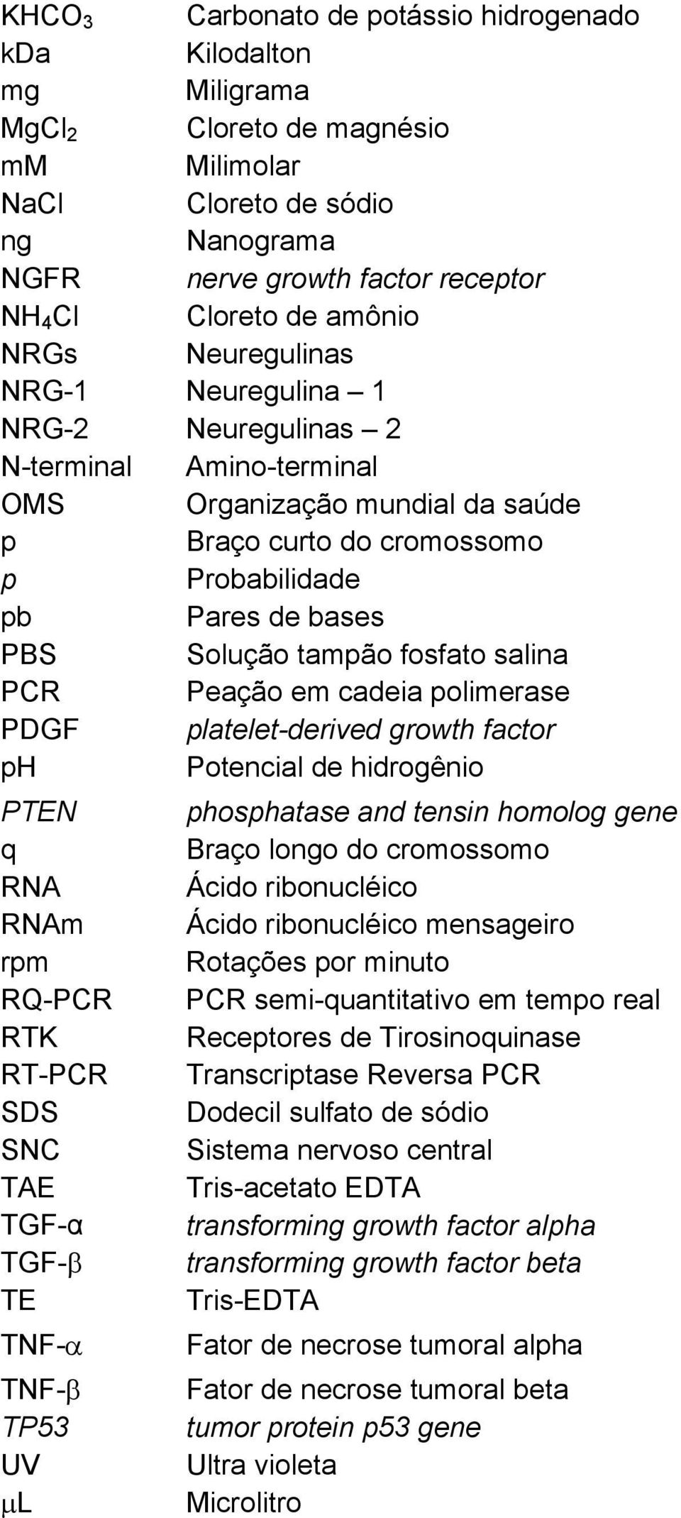 tampão fosfato salina PCR Peação em cadeia polimerase PDGF platelet-derived growth factor ph Potencial de hidrogênio PTEN phosphatase and tensin homolog gene q Braço longo do cromossomo RNA Ácido