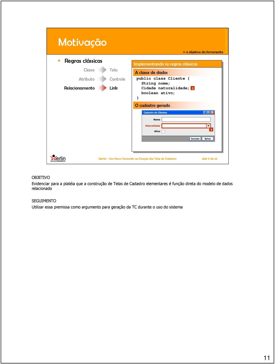 Cancelar Salvar Merlin - Um Novo Horizonte na Criação das Telas de Cadastro slide 11 de 44 OBJETIVO Evidenciar para a platéia que a construção de Telas