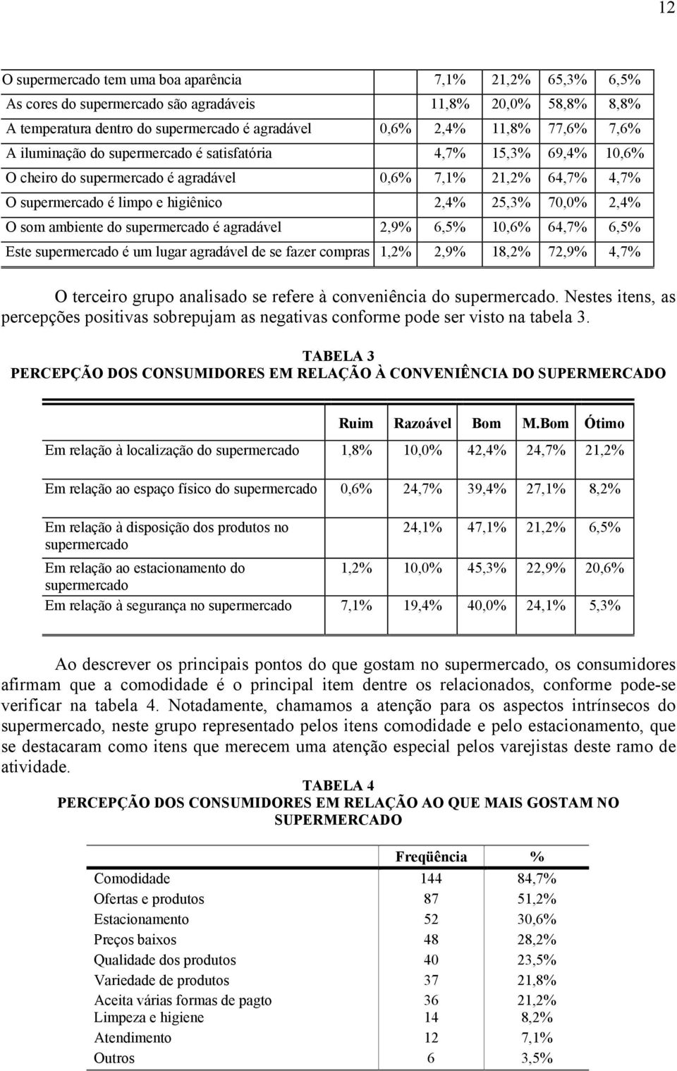 ambiente do supermercado é agradável 2,9% 6,5% 10,6% 64,7% 6,5% Este supermercado é um lugar agradável de se fazer compras 1,2% 2,9% 18,2% 72,9% 4,7% O terceiro grupo analisado se refere à