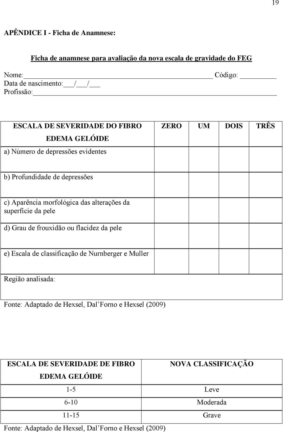 superfície da pele d) Grau de frouxidão ou flacidez da pele e) Escala de classificação de Nurnberger e Muller Região analisada: Fonte: Adaptado de Hexsel, Dal