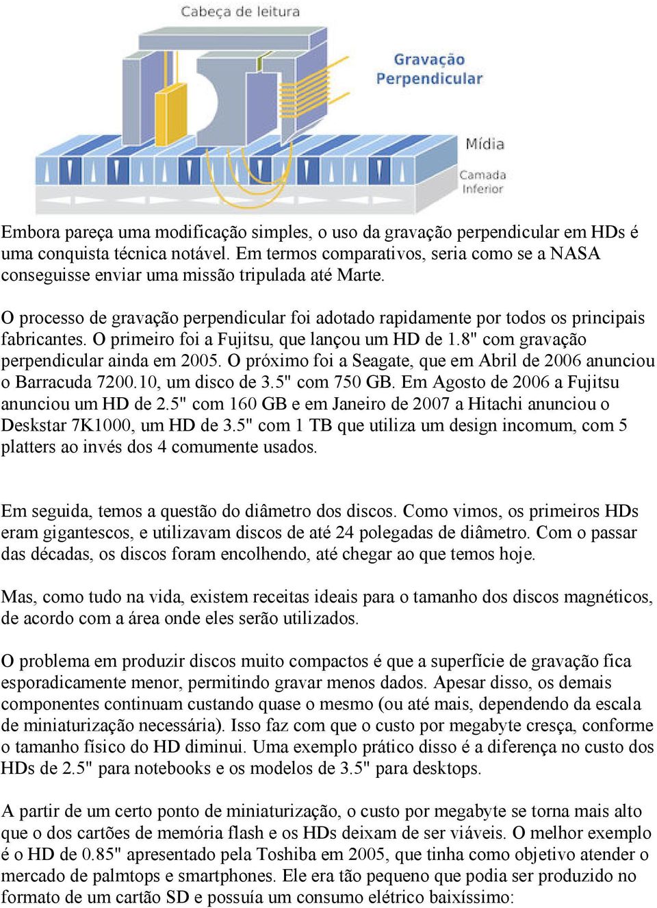 O primeiro foi a Fujitsu, que lançou um HD de 1.8" com gravação perpendicular ainda em 2005. O próximo foi a Seagate, que em Abril de 2006 anunciou o Barracuda 7200.10, um disco de 3.5" com 750 GB.