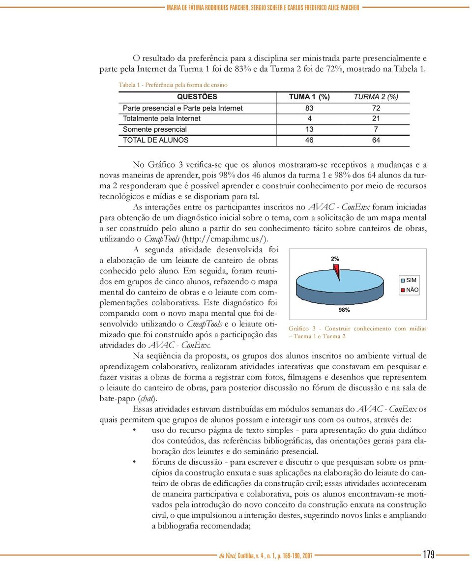 Tabela 1 - Preferência pela forma de ensino No Gráfico 3 verifica-se que os alunos mostraram-se receptivos a mudanças e a novas maneiras de aprender, pois 98% dos 46 alunos da turma 1 e 98% dos 64