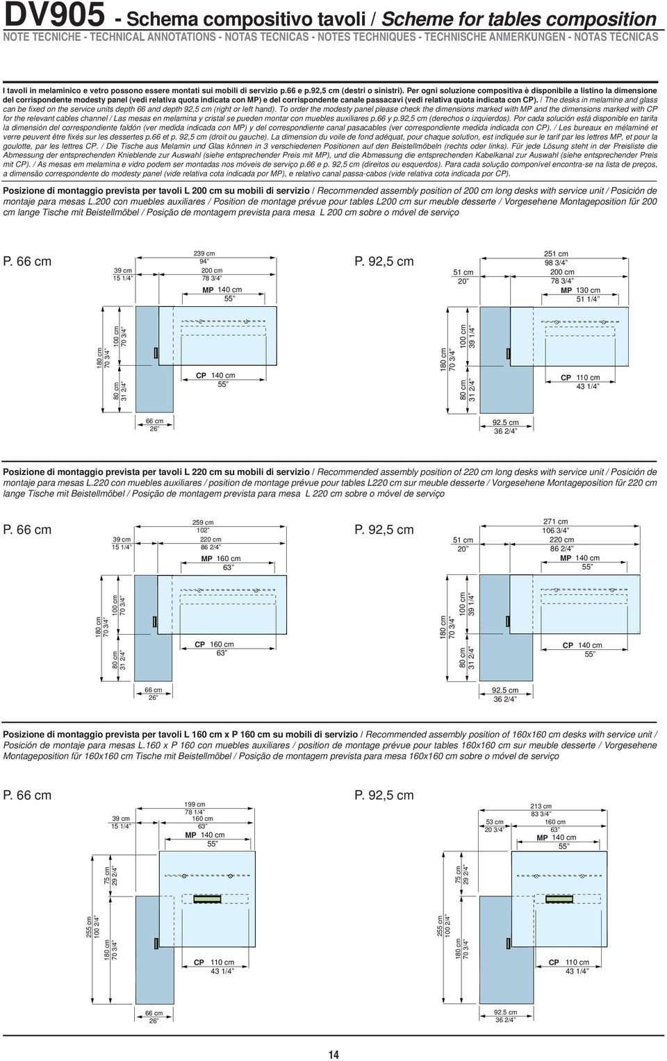 indicata con CP). / The desks in melamine and glass can be fixed on the service units depth 66 and depth 92,5 cm (right or left hand).