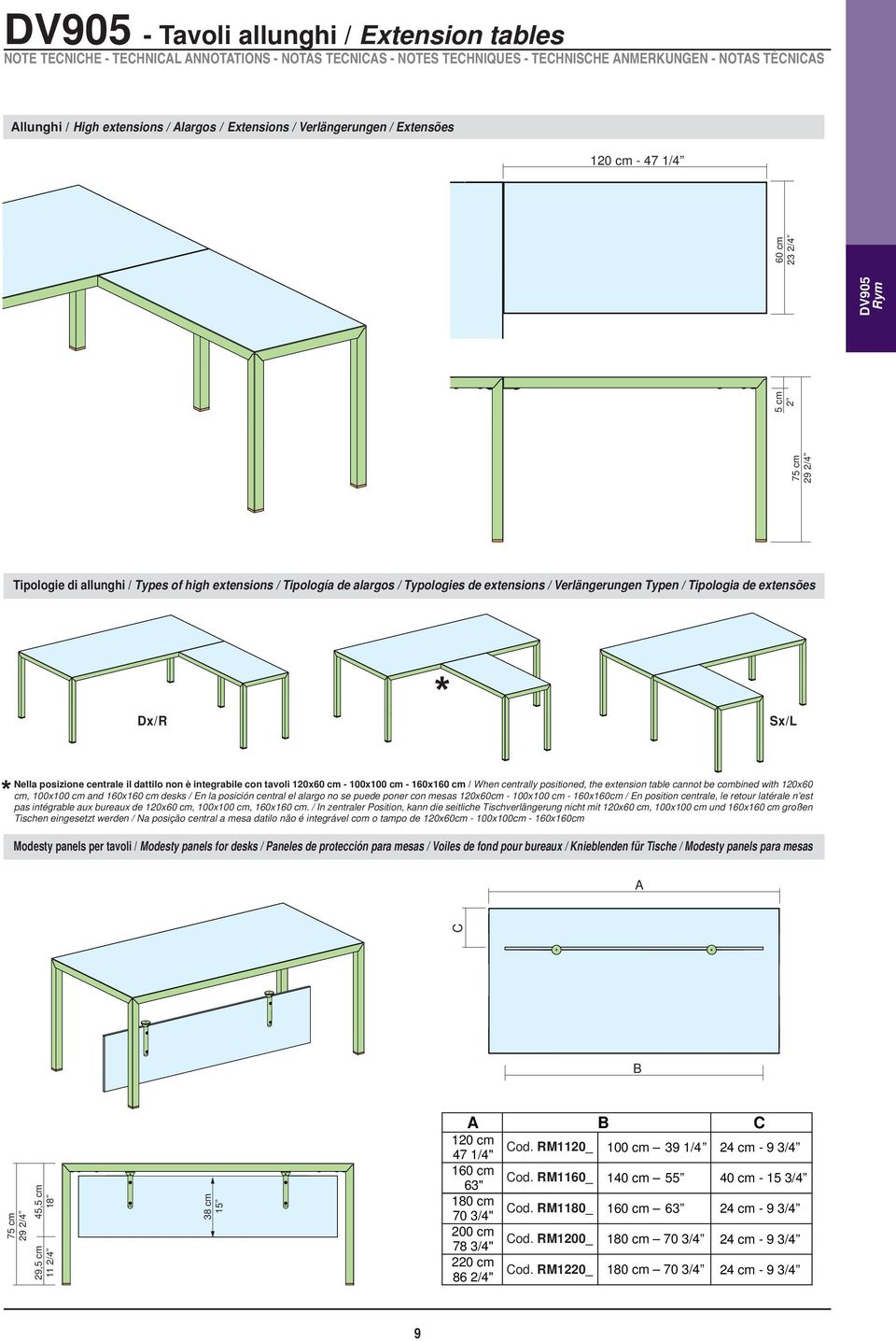 con tavoli 120x60 cm - 100x100 cm - 160x160 cm / When centrally positioned, the extension table cannot be combined with 120x60 cm, 100x100 cm and 160x160 cm desks / En la posición central el alargo