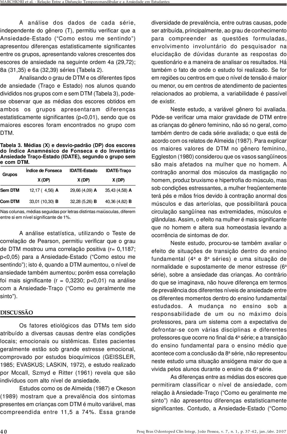 Analisando o grau de DTM e os diferentes tipos de ansiedade (Traço e Estado) nos alunos quando divididos nos grupos com e sem DTM (Tabela 3), podese observar que as médias dos escores obtidos em