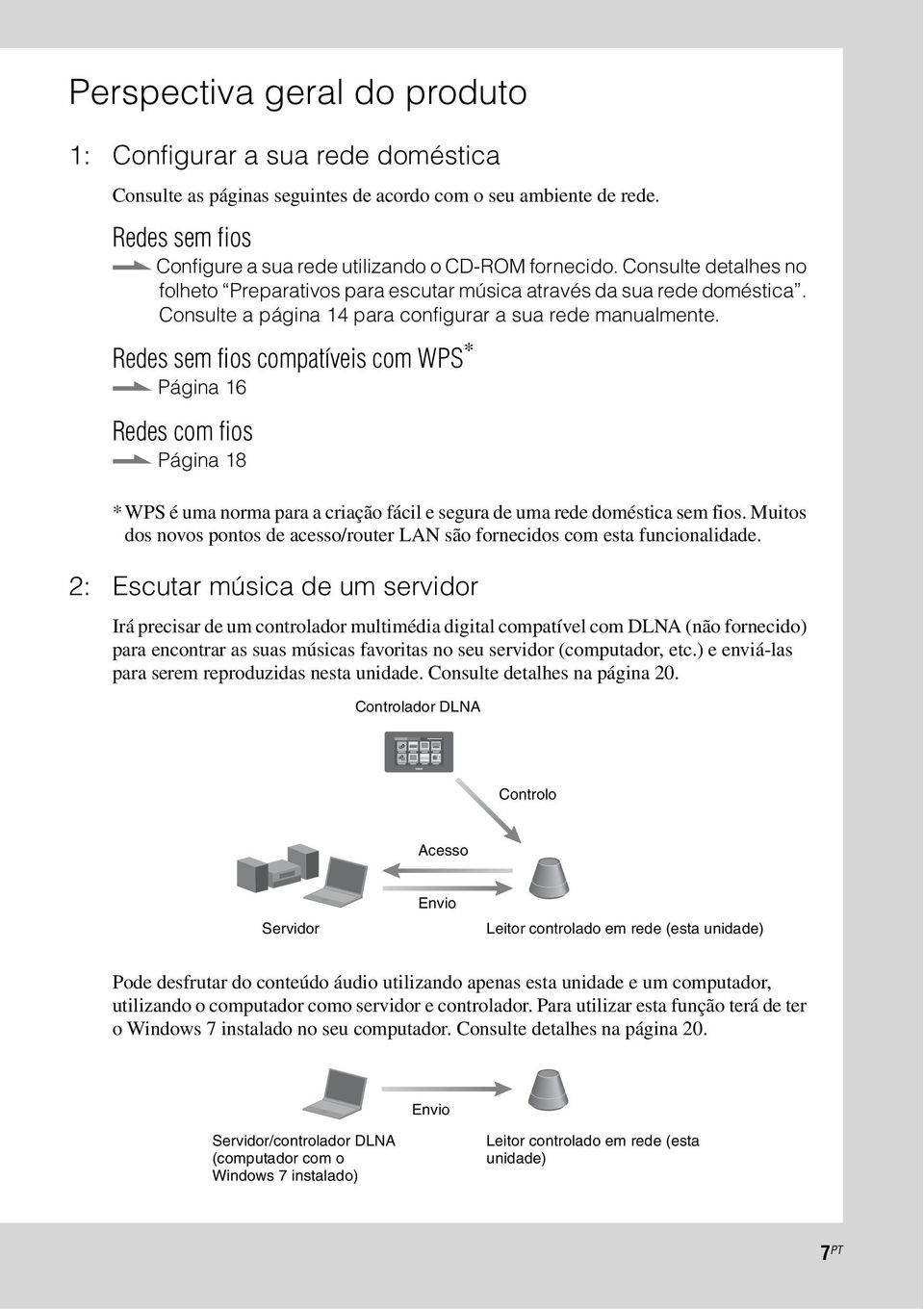 Página 16 Redes com fios. Página 18 * WPS é uma norma para a criação fácil e segura de uma rede doméstica sem fios. Muitos dos novos pontos de acesso/router LAN são fornecidos com esta funcionalidade.