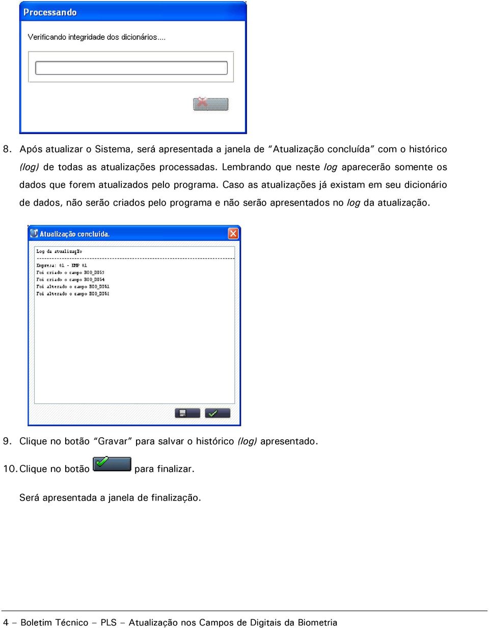 Caso as atualizações já existam em seu dicionário de dados, não serão criados pelo programa e não serão apresentados no log da atualização. 9.