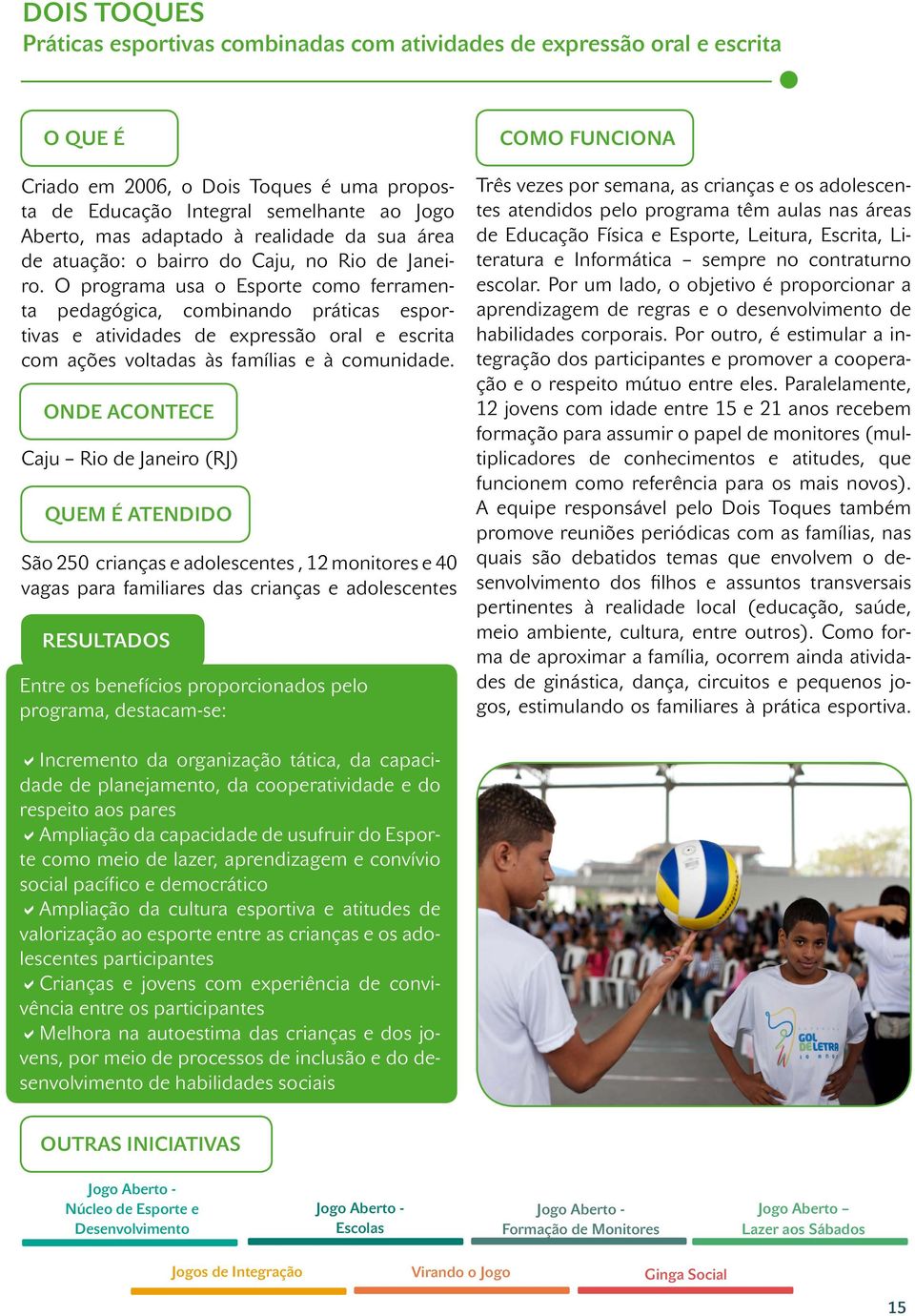 O programa usa o Esporte como ferramenta pedagógica, combinando práticas esportivas e atividades de expressão oral e escrita com ações voltadas às famílias e à comunidade.