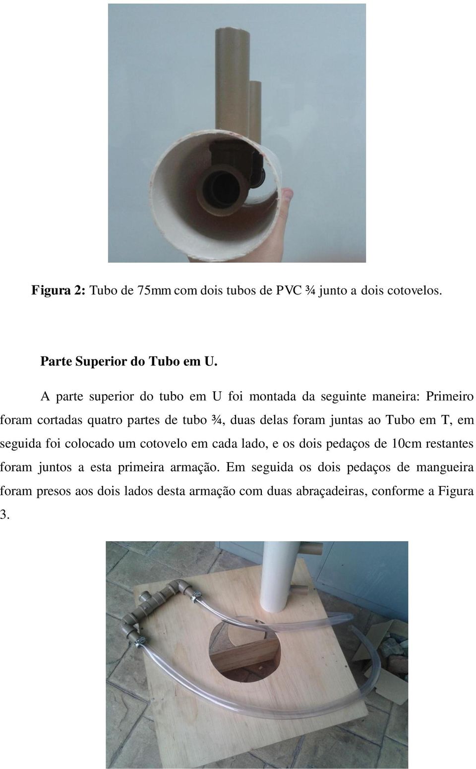 foram juntas ao Tubo em T, em seguida foi colocado um cotovelo em cada lado, e os dois pedaços de 10cm restantes foram