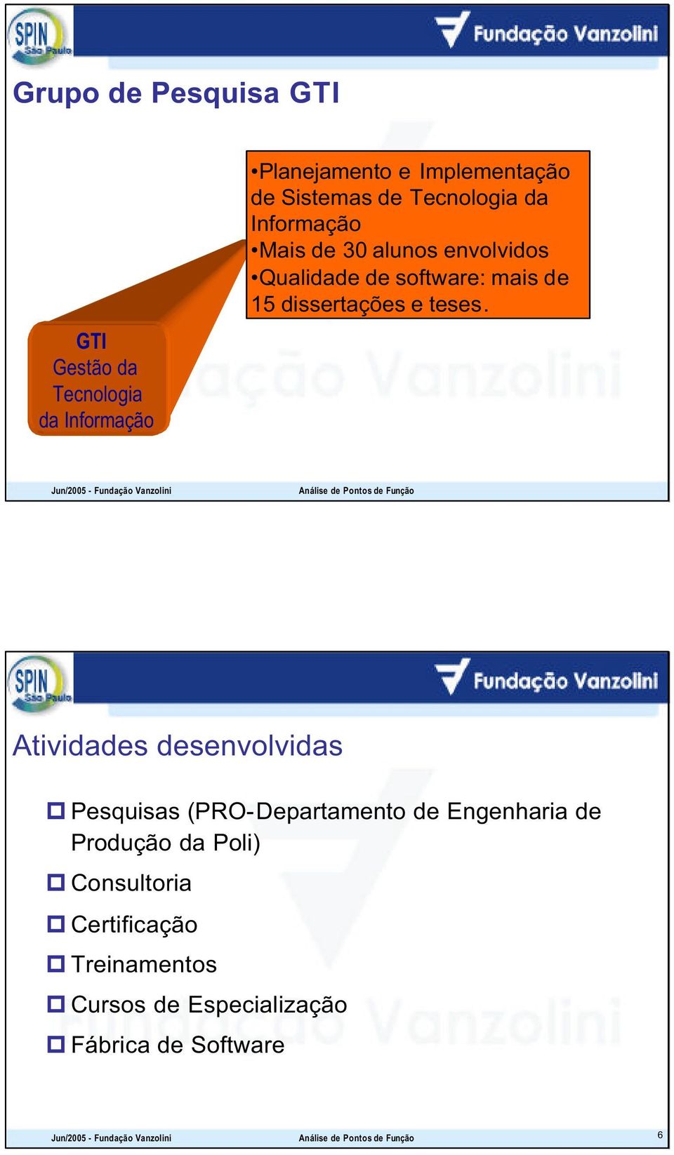 Jun/2005 - Fundação Vanzolini Análise de Pontos de Função Atividades desenvolvidas Pesquisas (PRO-Departamento de Engenharia