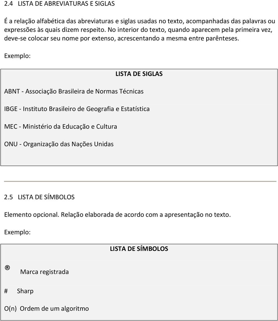 LISTA DE SIGLAS ABNT - Associação Brasileira de Normas Técnicas IBGE - Instituto Brasileiro de Geografia e Estatística MEC - Ministério da Educação e Cultura ONU -