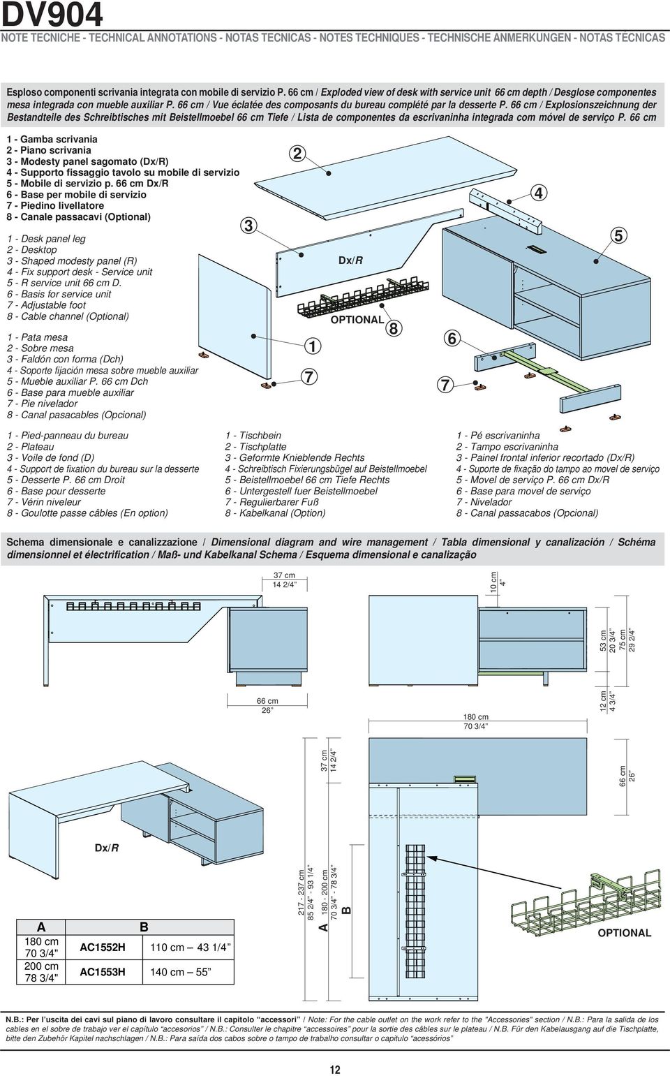 Bestandteile des Schreibtisches mit Beistellmoebel 66 cm Tiefe / Lista de componentes da escrivaninha integrada com móvel de serviço 66 cm - Gamba scrivania 2 - Piano scrivania 3 - Modesty panel