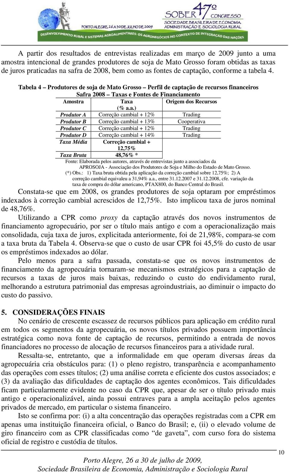 Tabela 4 Produtores de soja de Mato Grosso Perfil de captação de recursos financeiros Safra 2008 Taxas e Fontes de Financiamento Amostra Taxa (% a.a.) Origem dos Recursos Produtor A Correção cambial
