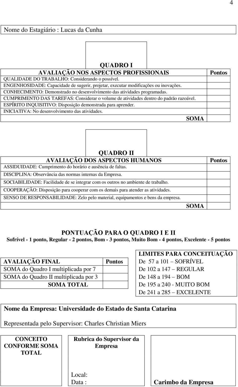 CUMPRIMENTO DAS TAREFAS: Considerar o volume de atividades dentro do padrão razoável. ESPÍRITO INQUISITIVO: Disposição demonstrada para aprender. INICIATIVA: No desenvolvimento das atividades.