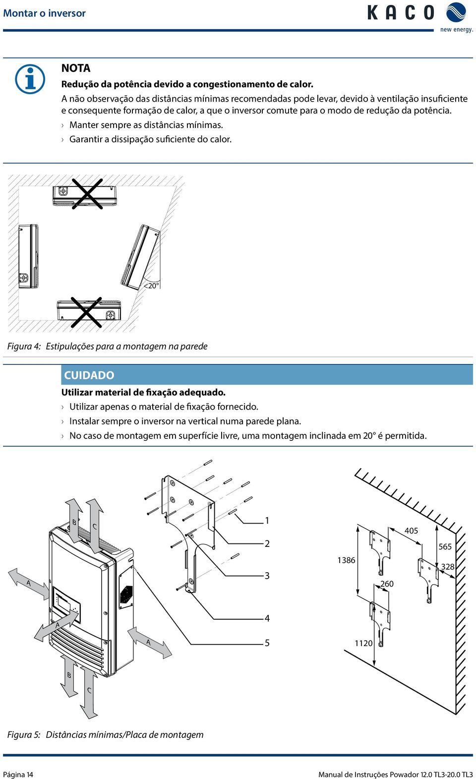 Manter sempre as distâncias mínimas. Garantir a dissipação suficiente do calor. < Figura 4: Estipulações para a montagem na parede CUIDADO Utilizar material de fixação adequado.