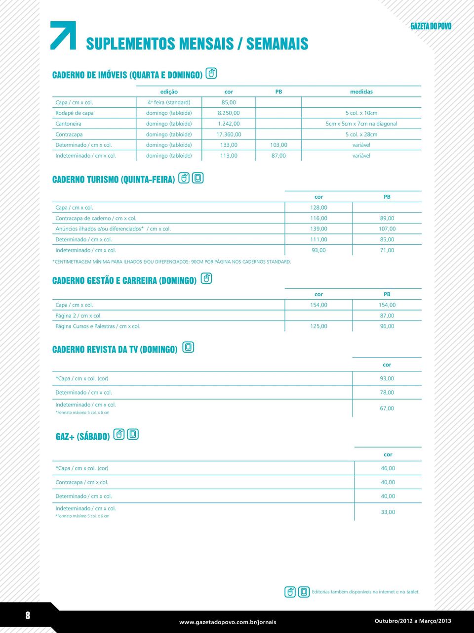 domingo (tabloide) 133,00 103,00 variável Indeterminado / cm x col. domingo (tabloide) 113,00 87,00 variável CADERNO TURISMO (QUINTA-FEIRA) cor PB Capa / cm x col.