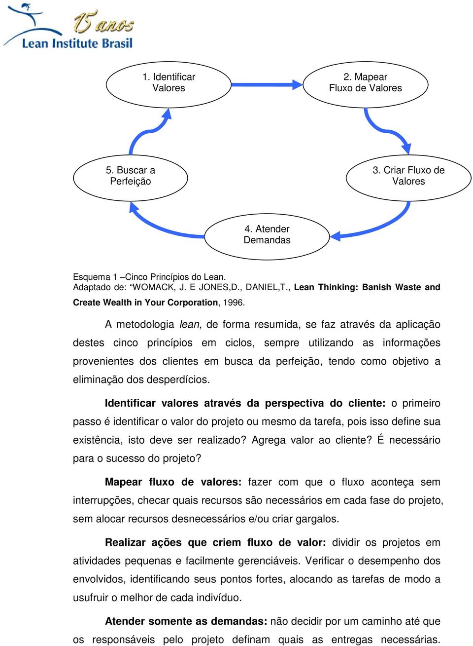 A metodologia lean, de forma resumida, se faz através da aplicação destes cinco princípios em ciclos, sempre utilizando as informações provenientes dos clientes em busca da perfeição, tendo como